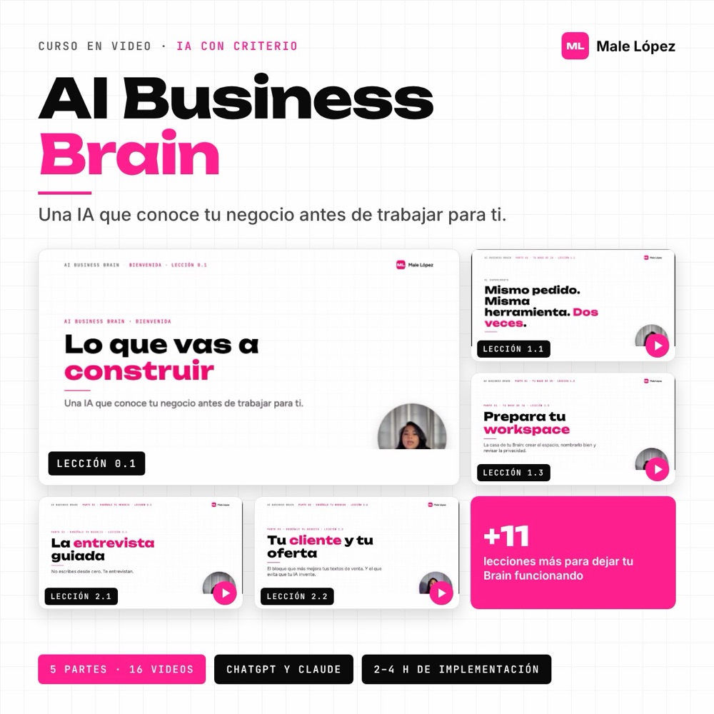 Vista de las lecciones del AI Business Brain: bienvenida, prepara tu workspace, la entrevista guiada, tu cliente y tu oferta