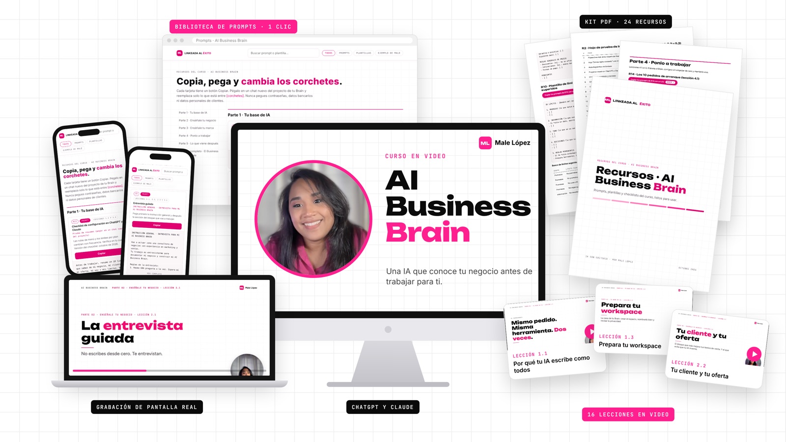 AI Business Brain: 16 lecciones en video, biblioteca de prompts y kit PDF con 24 recursos, en computadora, celular y PDF